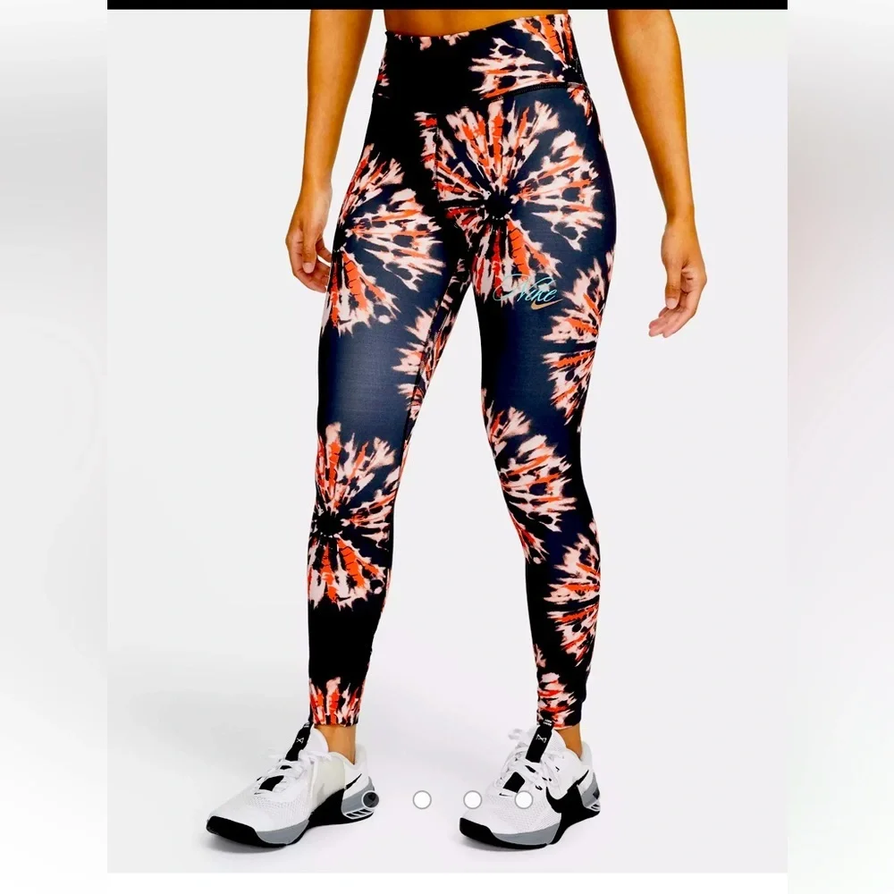 NEW! Nike Black High-Waist Tie-Dye Leggings with Orange & White Burst - Size M